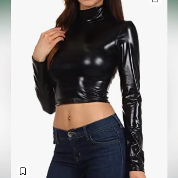 NWOT Undershirt Metallic Liquid Mock Neck Turtleneck Long Sleeve Crop Trendy Top - Picture 3 of 5